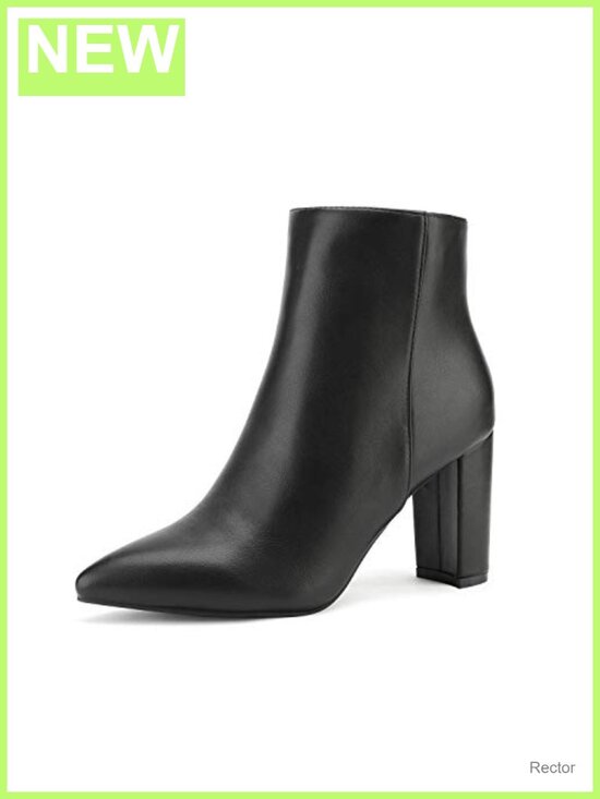 Shoes - Chunky Heel Ankle Booties Faux Leather Zip Faux Fur Lining